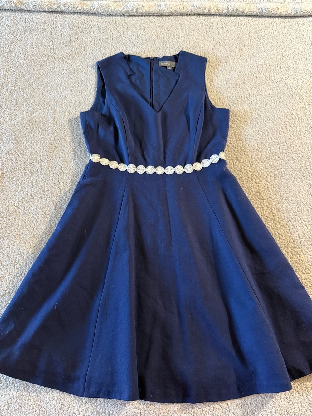 Donna Ricco Navy Sleeveless V-Neck Fit-and-Flare Dress with Decorative Belt Size